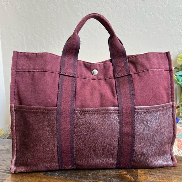 Hermès Toile Fourre Tout Canvas/Leather Expandable Tote In Burgundy - Picture 1 of 17
